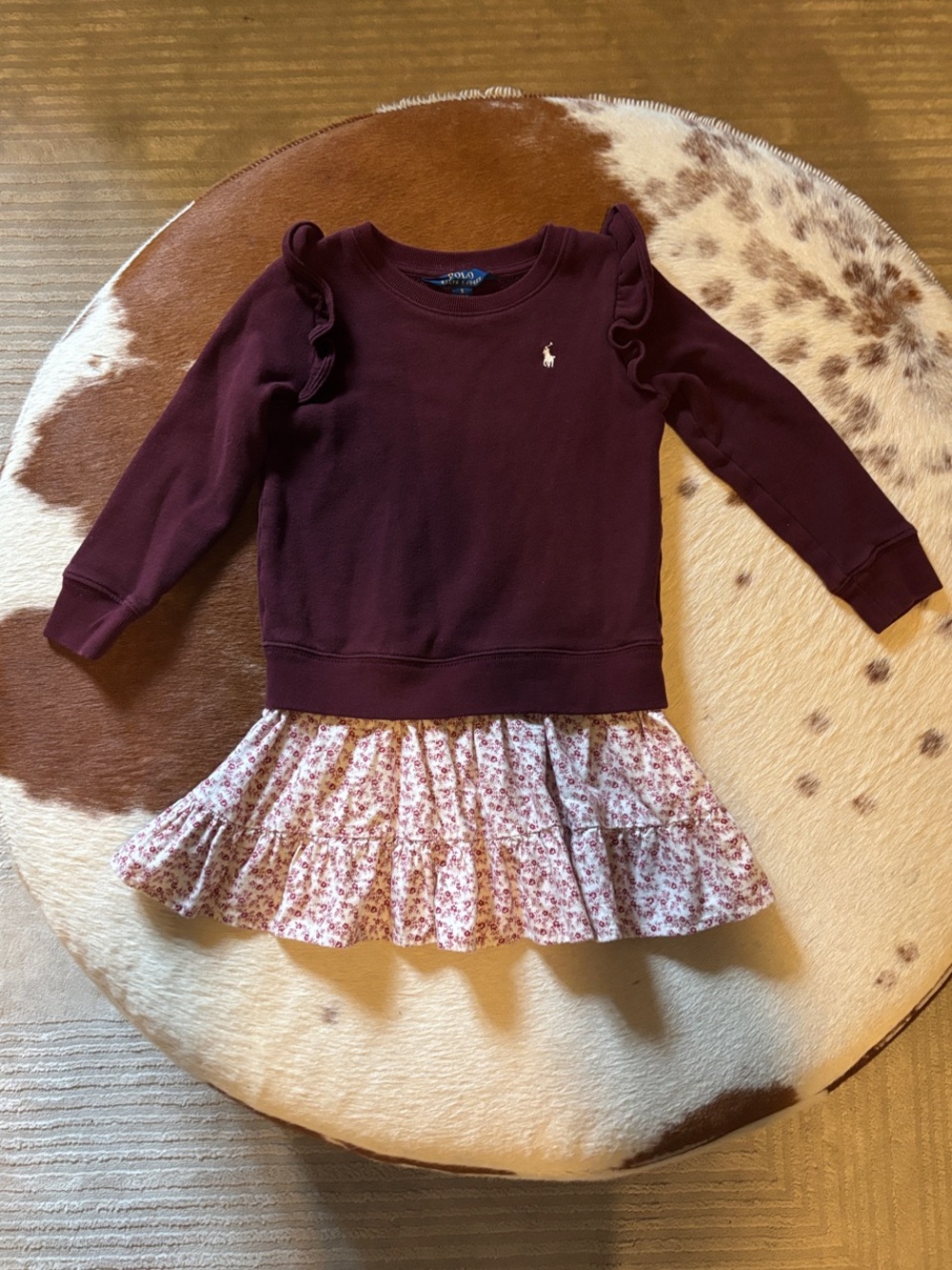 Ralph Lauren Burgundy Ruffle Sweatshirt with Floral Skirt Panel